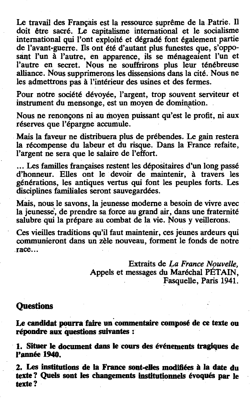 Prévisualisation du document Message du Maréchal Pétain, chef de l'État français, 11 juillet 1940 (la France de Vichy)