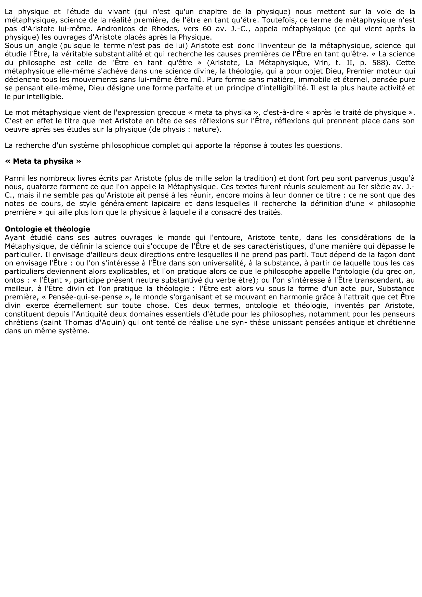 Prévisualisation du document Métaphysique d'ARISTOTE (Résumé & Analyse)