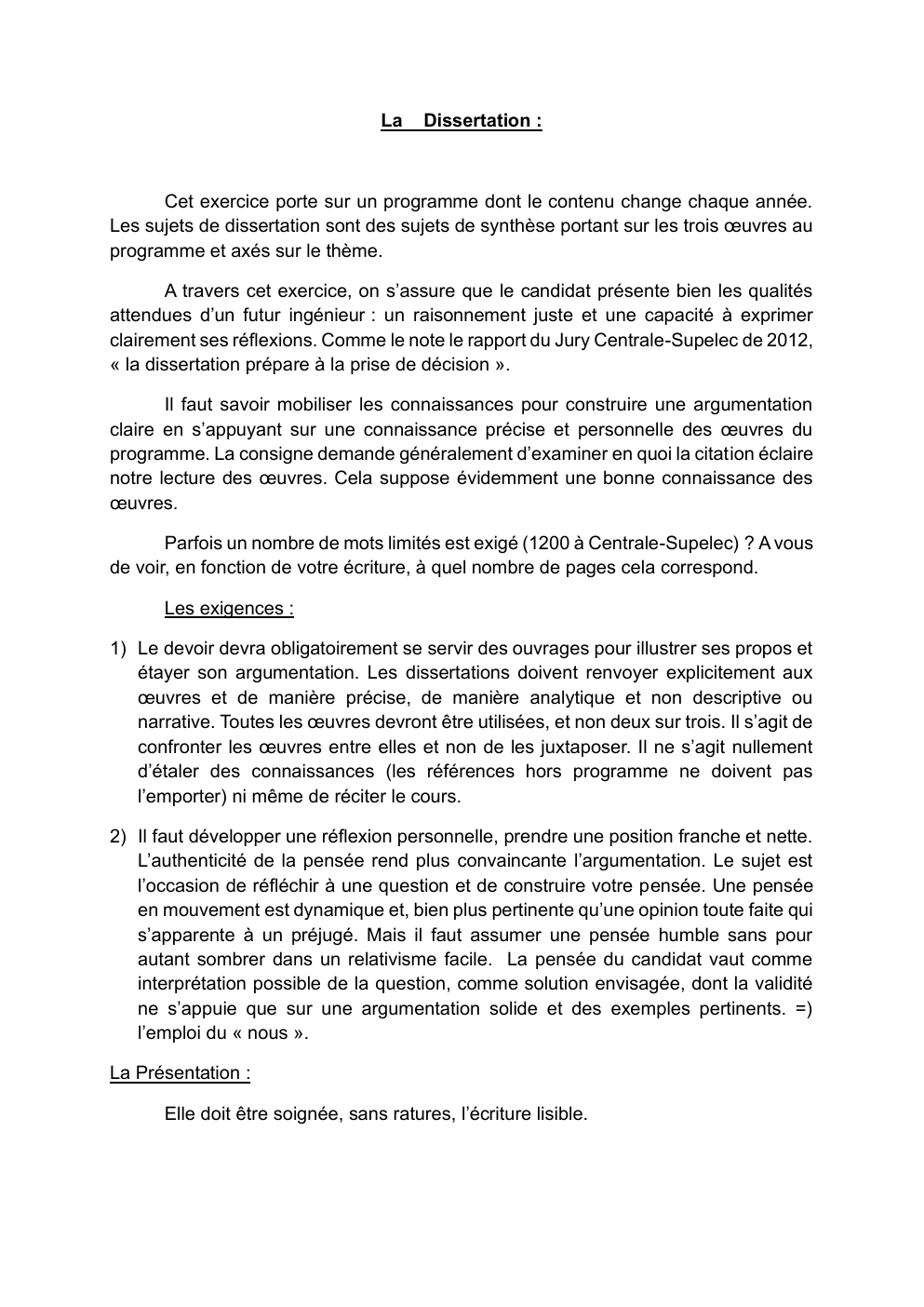Prévisualisation du document Méthode de la dissertation - conseils Centrale-Supelec