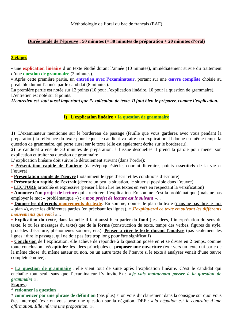 Prévisualisation du document Méthodologie de l’oral du bac de français (EAF)
