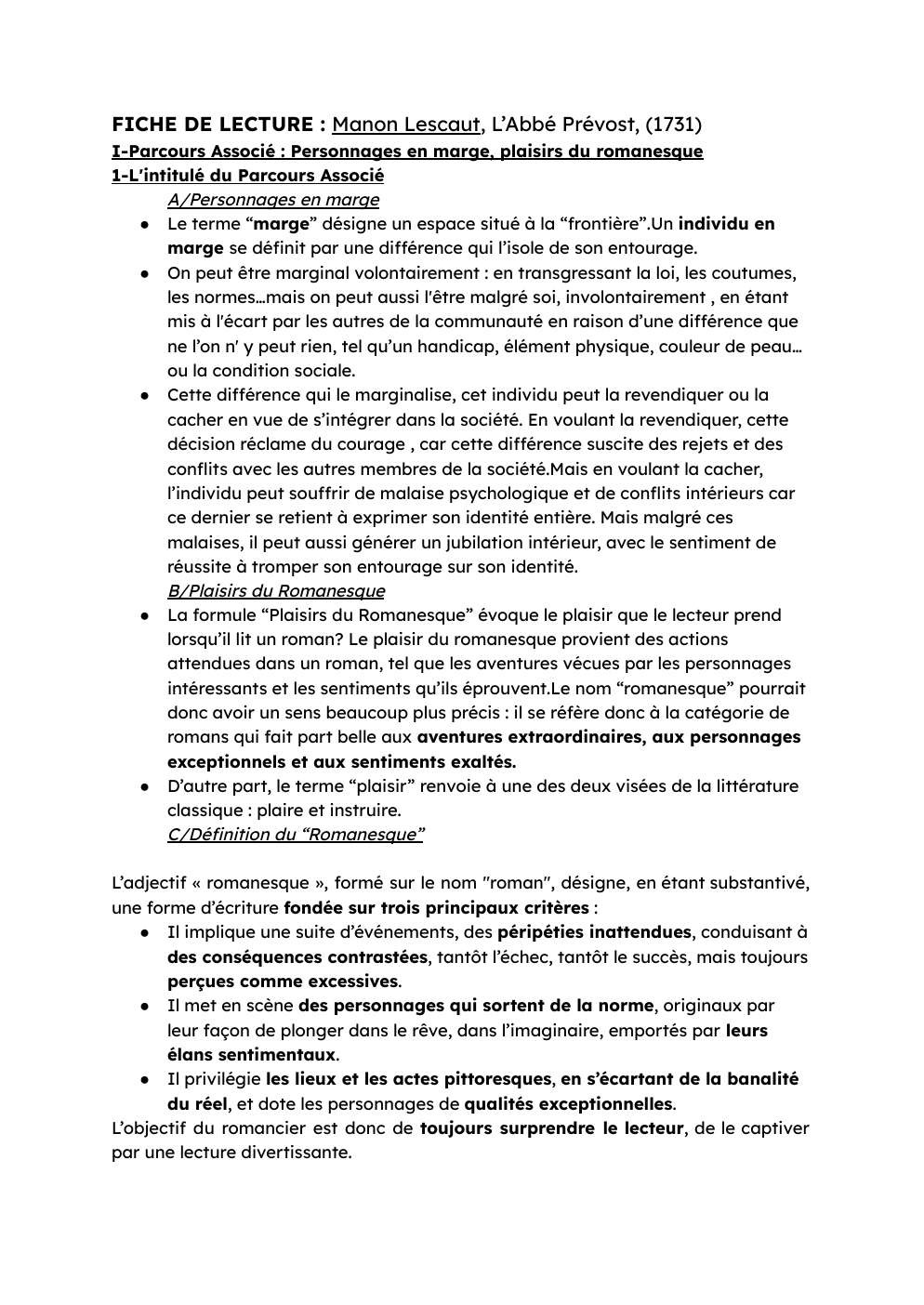 Prévisualisation du document méthodologie dissertation: FICHE DE LECTURE : Manon Lescaut, L’Abbé Prévost, (1731)