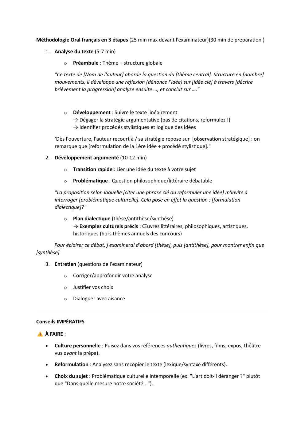 Prévisualisation du document Méthodologie Oral français en 3 étapes (25 min max devant l'examinateur)(30 min de préparation )