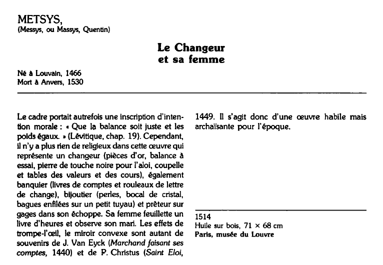 Prévisualisation du document METSYS,(Messys, ou Massys, Quentin):Le Changeuret sa femme (analyse du tableau).