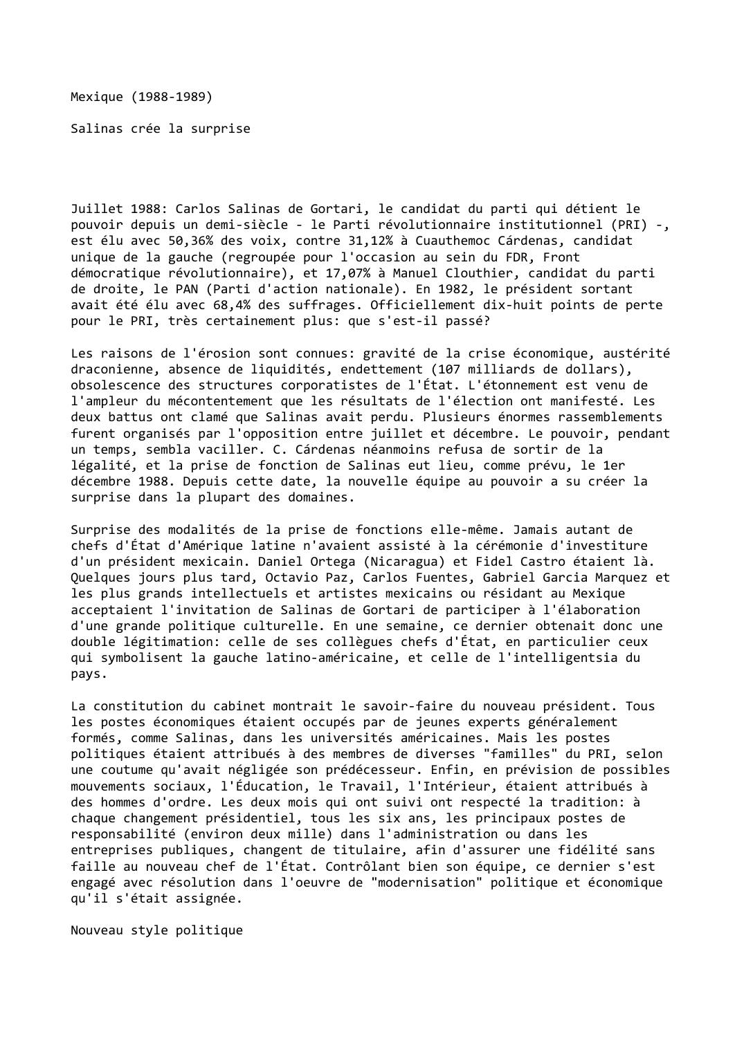 Prévisualisation du document Mexique (1988-1989)

Salinas crée la surprise