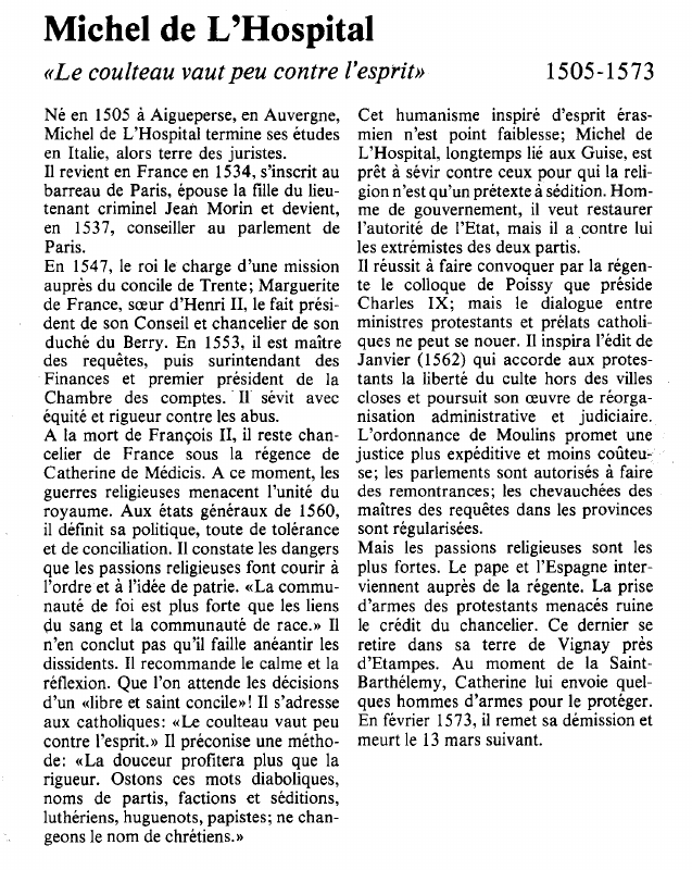 Prévisualisation du document Michel de L'Hospital«Le coulteau vaut peu contre l'esprit».