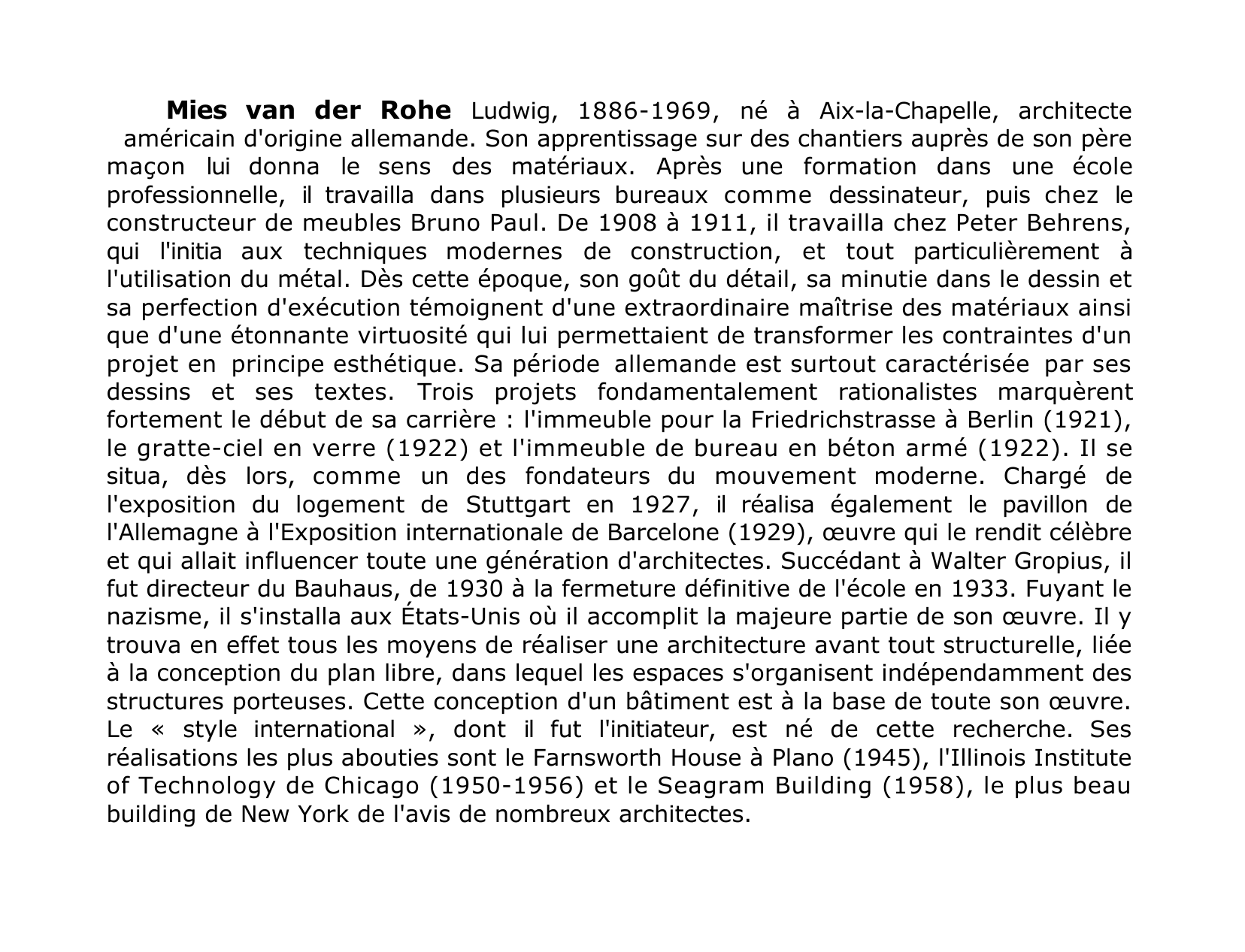 Prévisualisation du document Mies van der Rohe Ludwig Architecte américain d'origine allemande