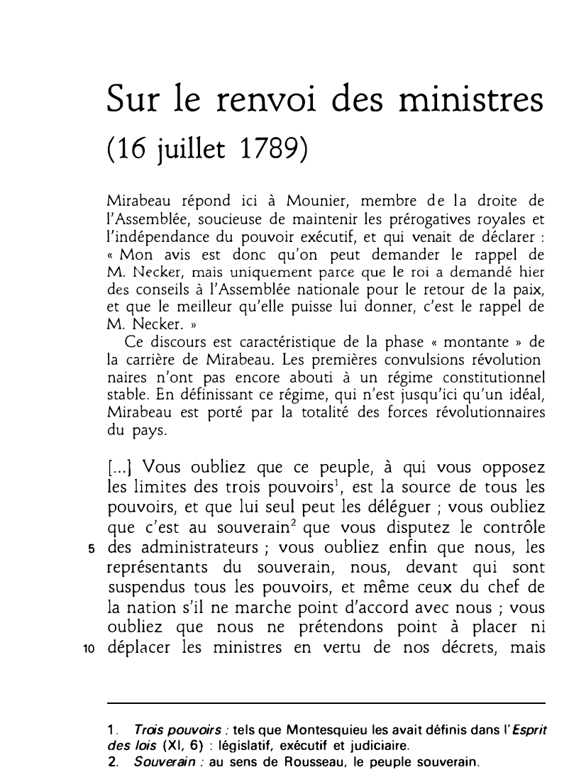 Prévisualisation du document Mirabeau: Sur le renvoi des ministres  (16 juillet 1789)  Sur la sanction royale  (1er septembre 1789)  Sur la banqueroute  (26 septembre 1789)