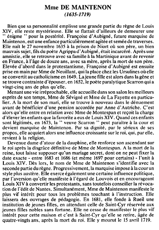 Prévisualisation du document Mme DE MAINTENON(1635-1719) - BIOGRAPHIE.