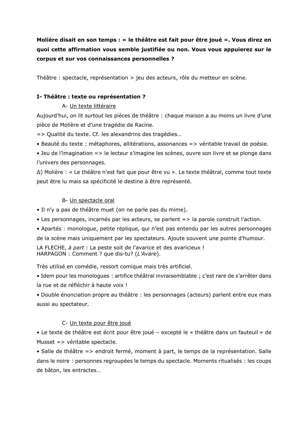 Prévisualisation du document Molière disait en son temps : « le théâtre est fait pour être joué ». Vous direz en
quoi cette...