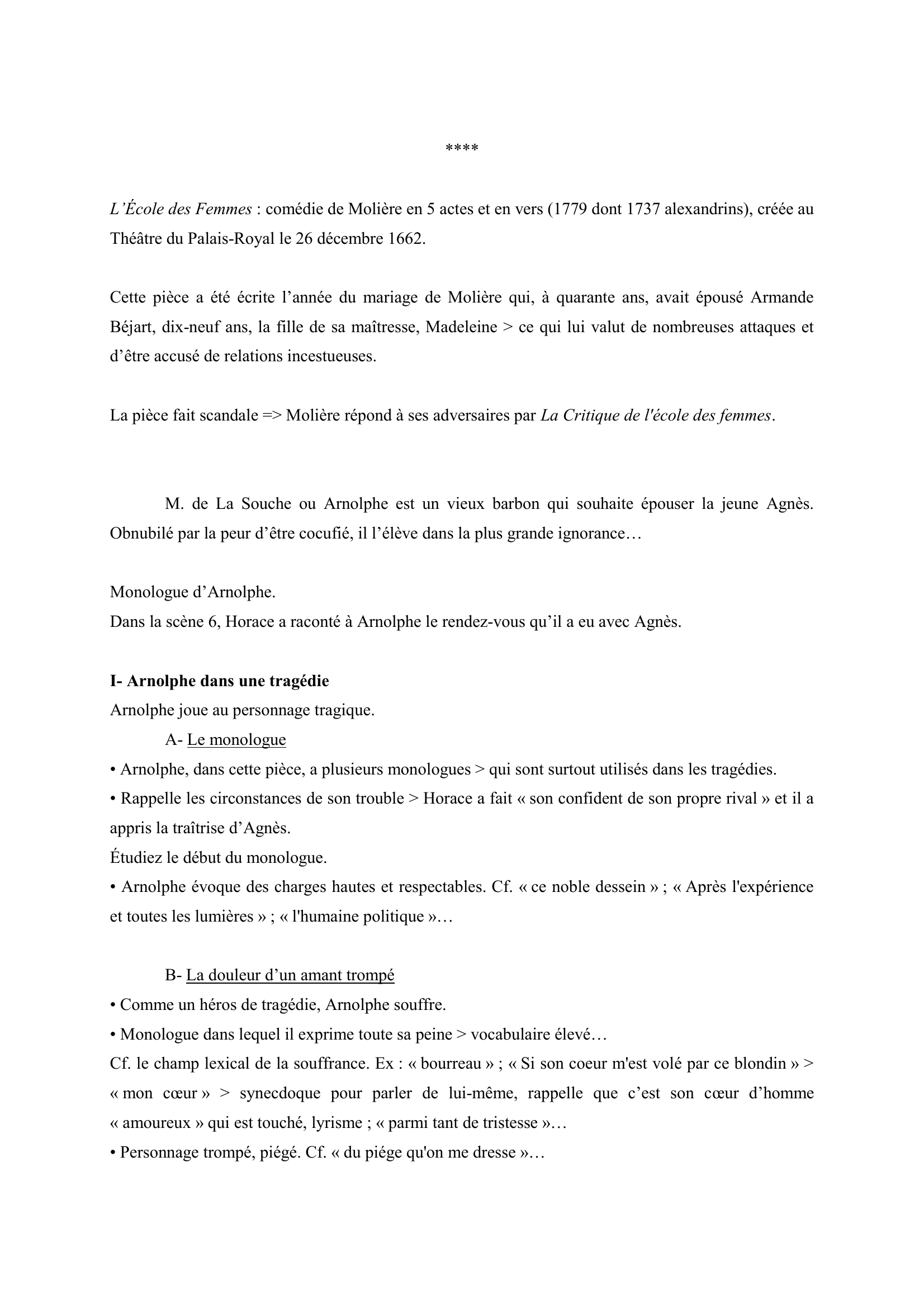 Prévisualisation du document Molière, L'École des femmes, Acte IV, scène 7 (commentaire composé de français)