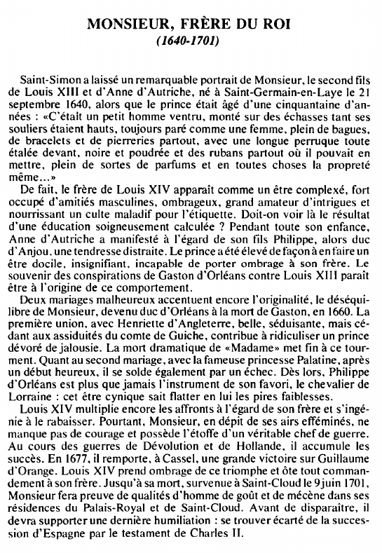Prévisualisation du document MONSIEUR, FRÈRE DU ROI(1640-1701) - BIOGRAPHIE.