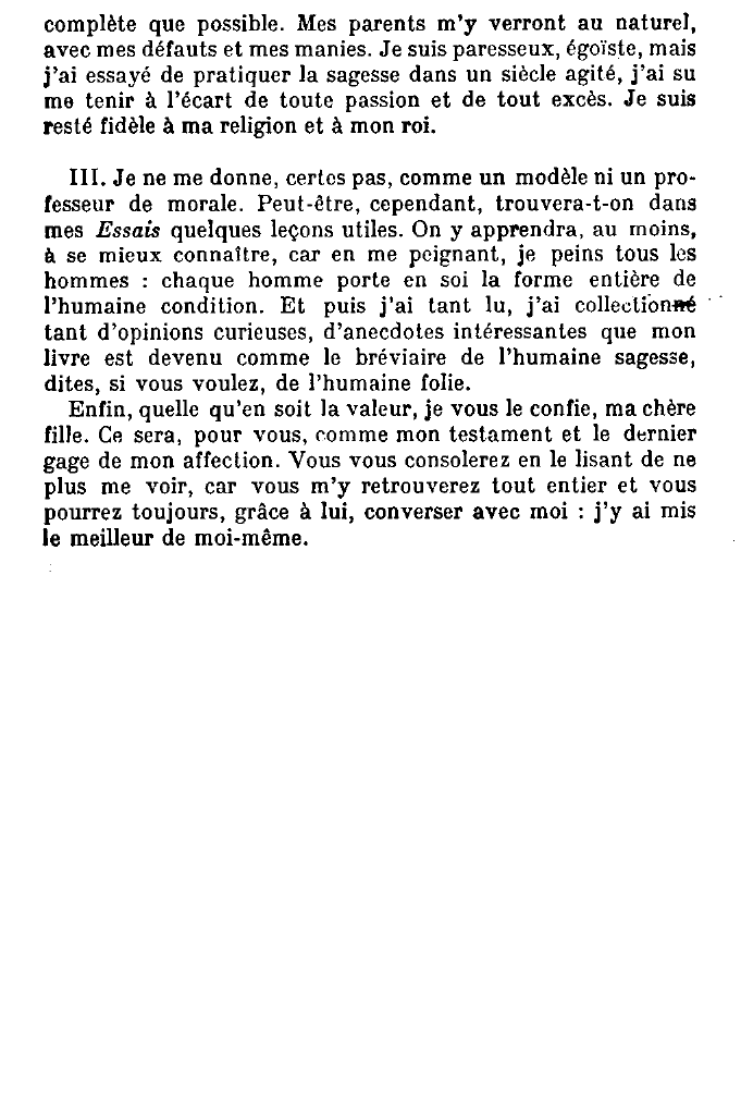 Prévisualisation du document Montaigne mourant et laissant après lui une révision inédite des Essais recommande, par lettre, sa mémoire et son oeuvre à sa fille Mlle de Gournay