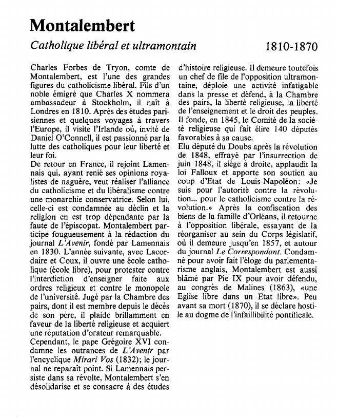 Prévisualisation du document Montalembert:Catholique libéral et ultramontain.
