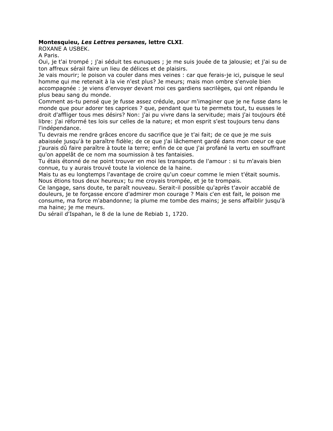Prévisualisation du document Montesquieu, Les Lettres persanes, lettre CLXI. Commentaire