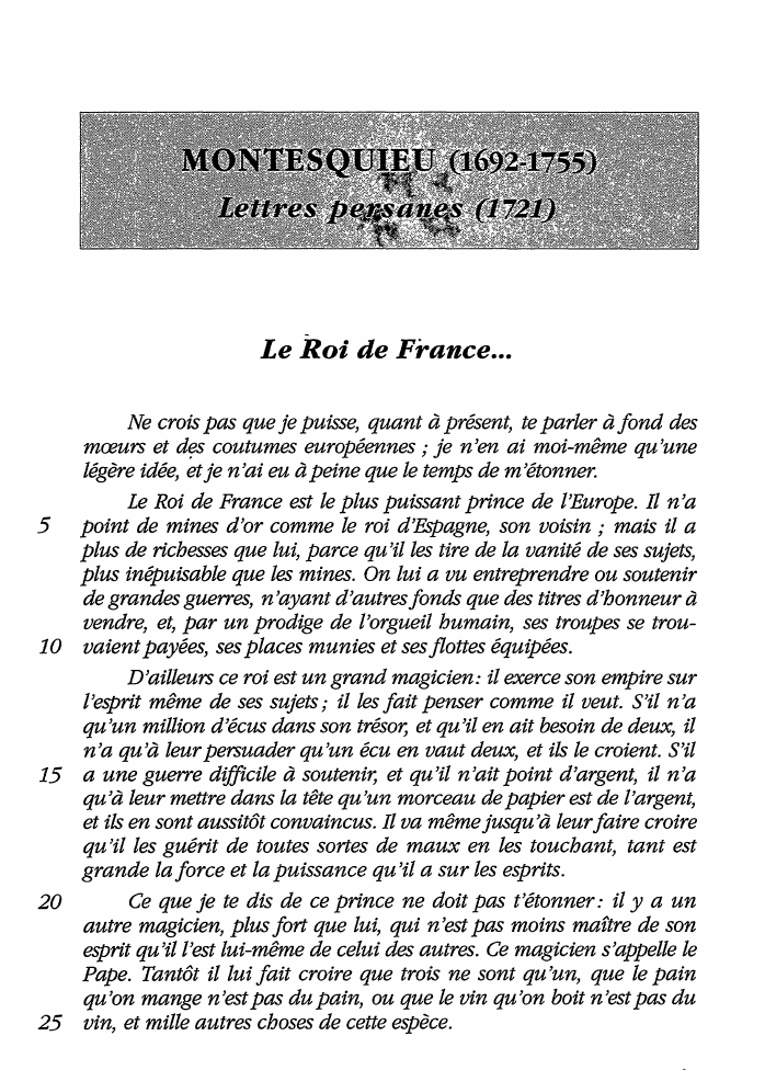 Prévisualisation du document Montesquieu - Lettres persanes: Le Roi de France... (commentaire)