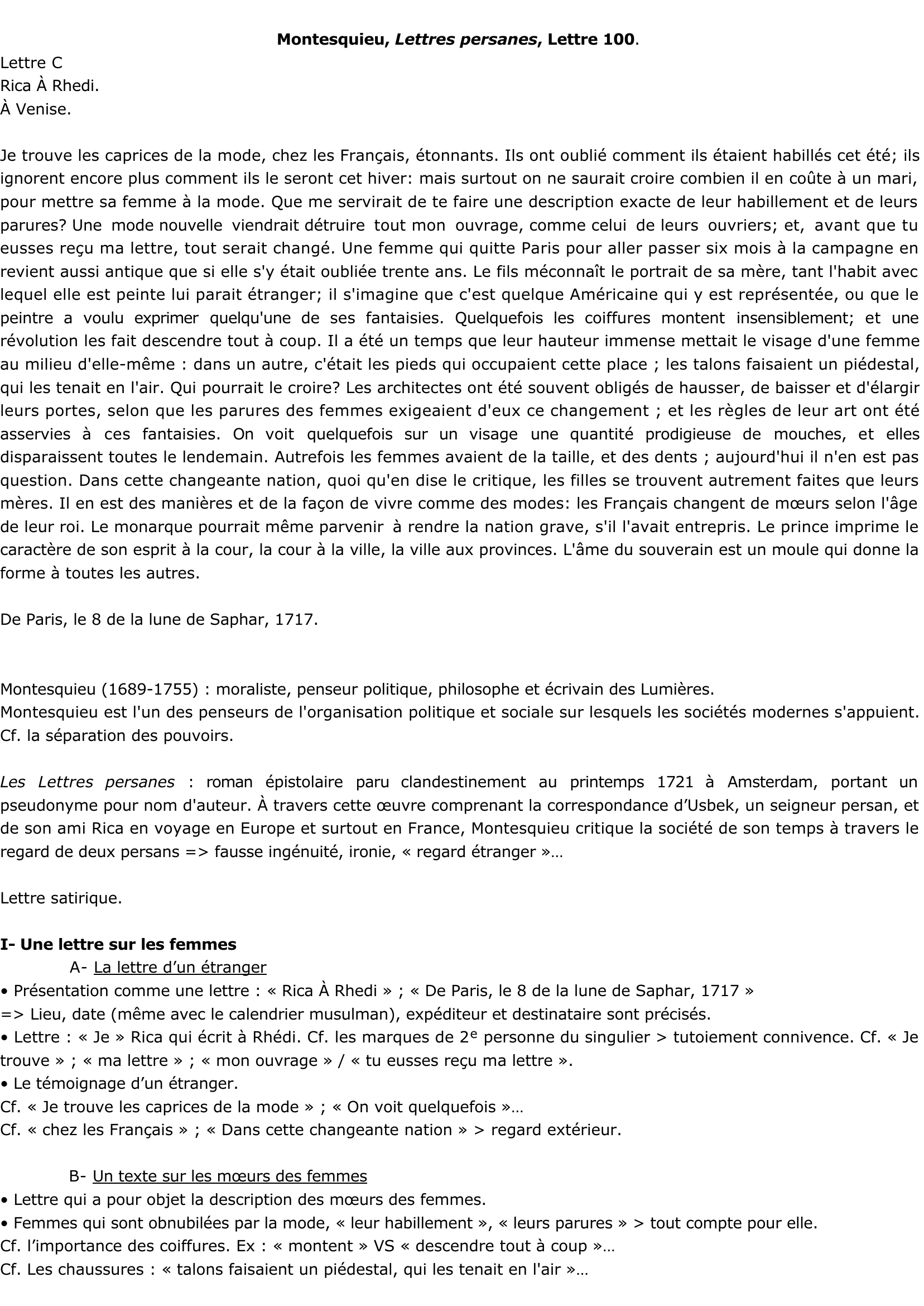 Prévisualisation du document Montesquieu, Lettres persanes - Lettre C - Lettre 100. RICA A RHEDI.