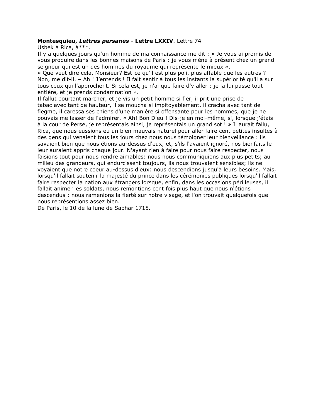 Prévisualisation du document Montesquieu, Lettres persanes - Lettre LXXIV. Lettre 74. Commentaire