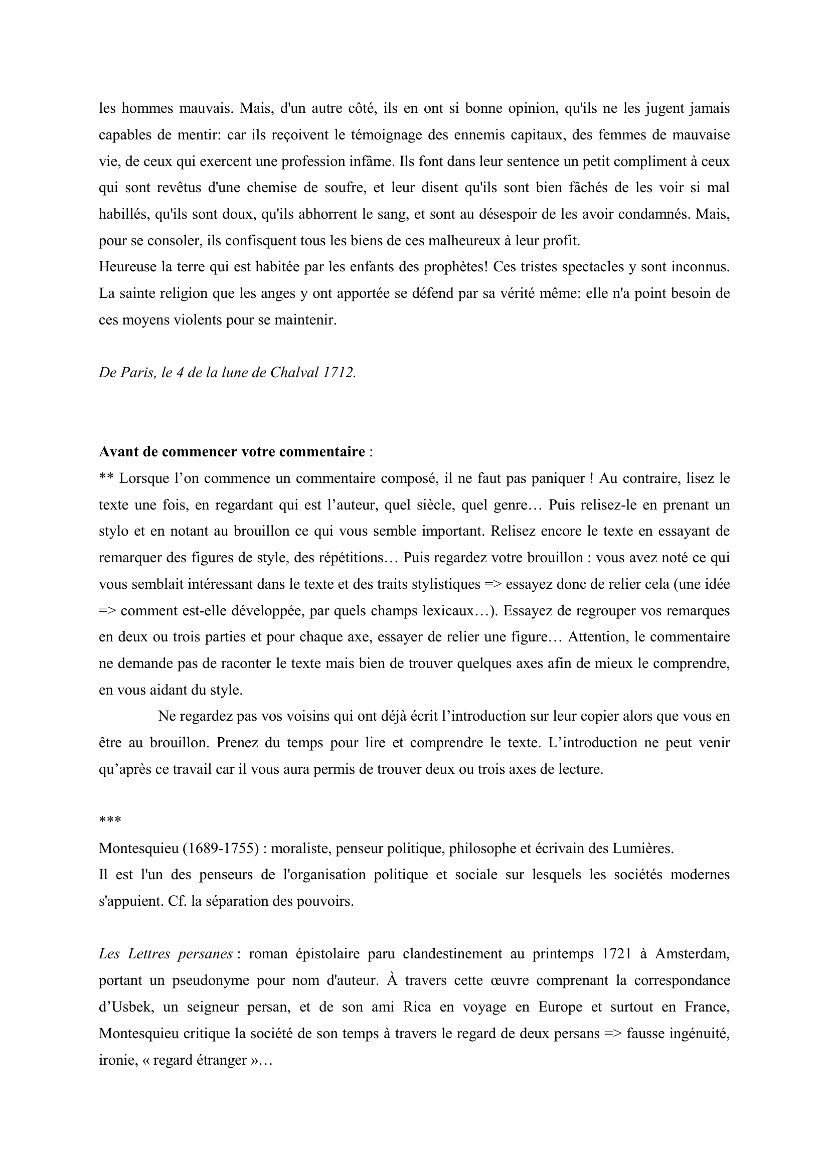 Prévisualisation du document Montesquieu, Lettres persanes. Lettre XXIX (commentaire composé de français)