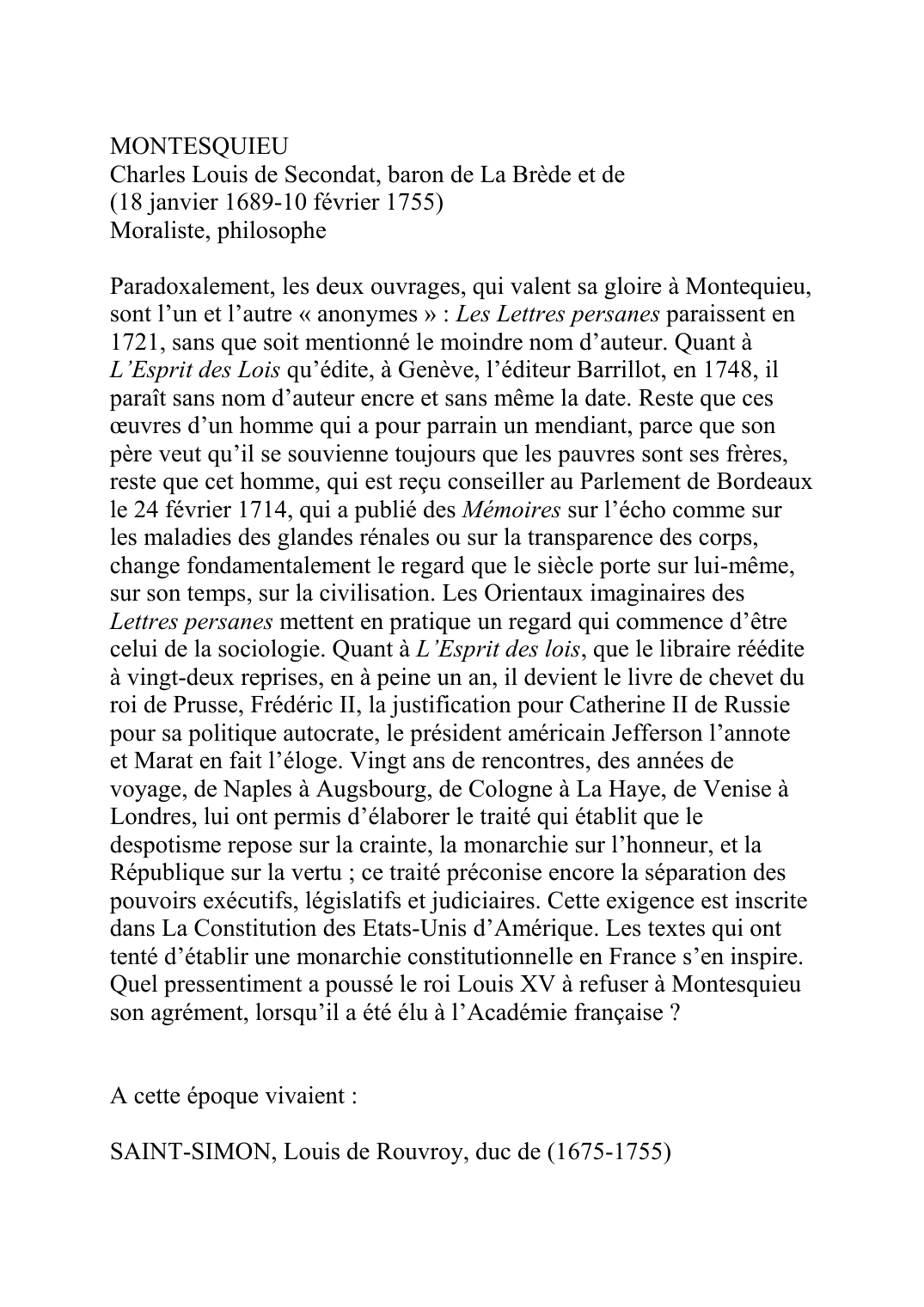 Prévisualisation du document MONTESQUIEUCharles Louis de Secondat, baron de La Brède et de