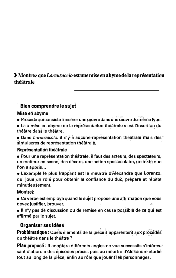 Prévisualisation du document > Montrez queLorenzaccio est une mise en abyme de la représentation
théâtrale

. Les clés pour réussir
· Bien comprendre...