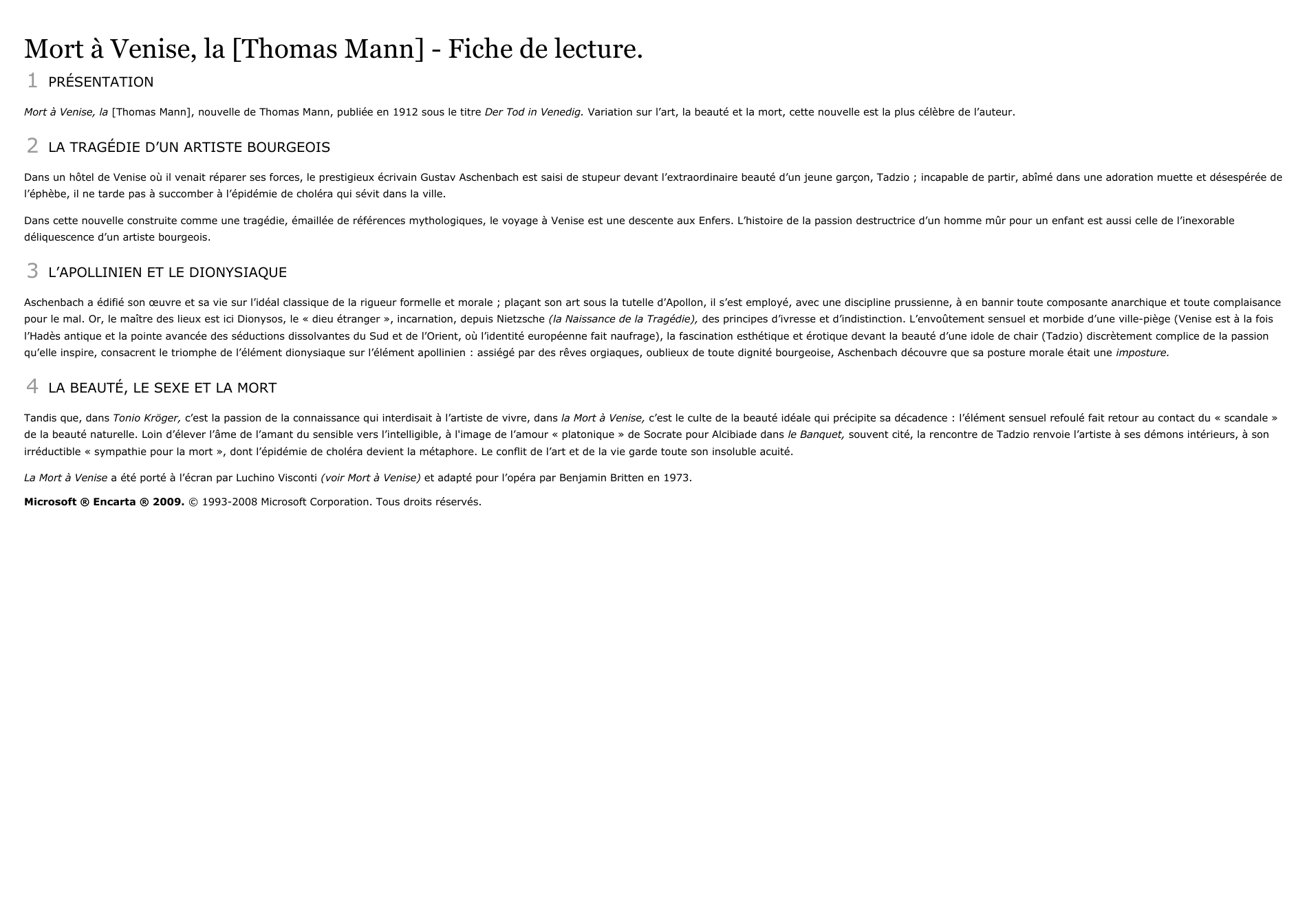 Prévisualisation du document Mort à Venise, la [Thomas Mann] - Fiche de lecture.