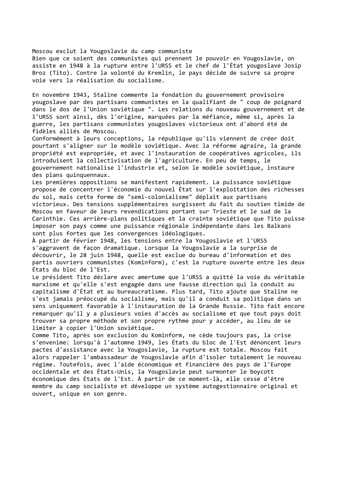 Prévisualisation du document Moscou exclut la Yougoslavie du camp communiste