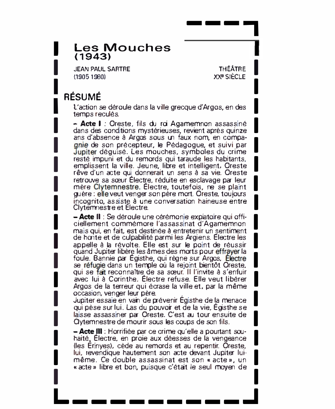Prévisualisation du document MOUCHES (Les). (résumé et analyse) Jean-Paul Sartre
