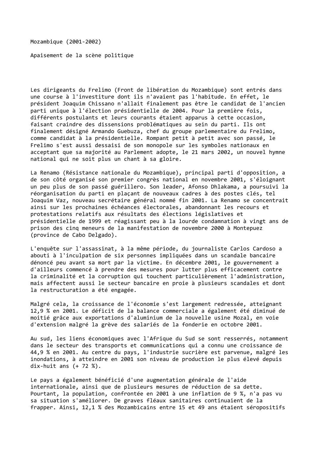 Prévisualisation du document Mozambique (2001-2002)

Apaisement de la scène politique