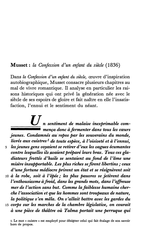 Prévisualisation du document Musset: la Confession d'un enfant du siècle (1836)
Dans la Confession d'un enfant du siècle, œuvre d'inspiration
autobiographique, Musset consacre...