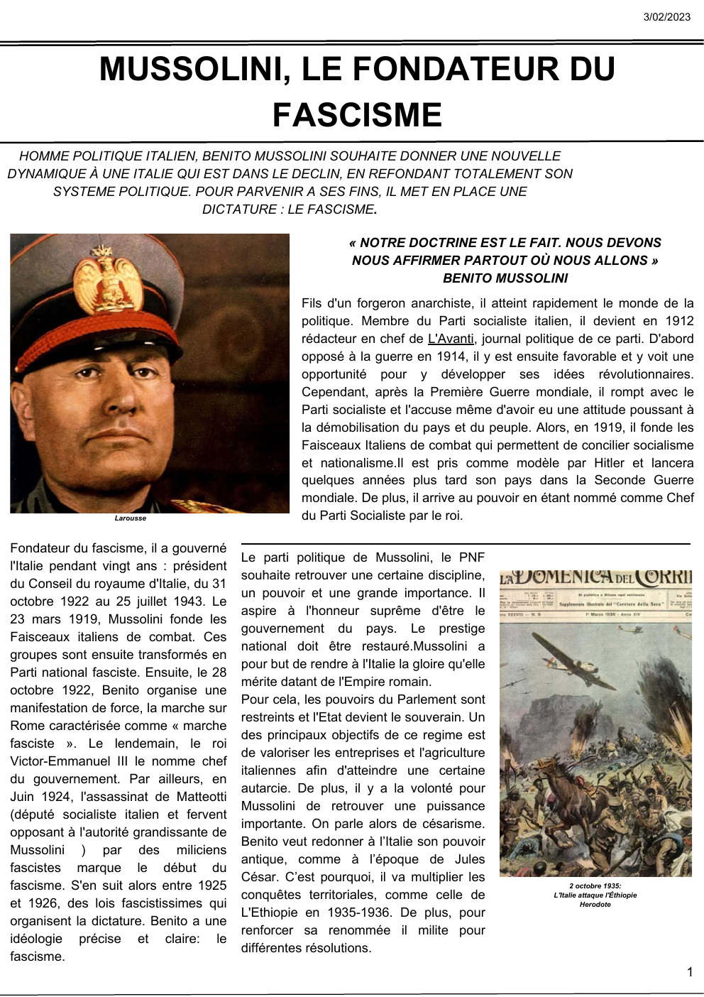 Prévisualisation du document MUSSOLINI,  LE FONDATEUR DU FASCISME : Fascisme en Italie