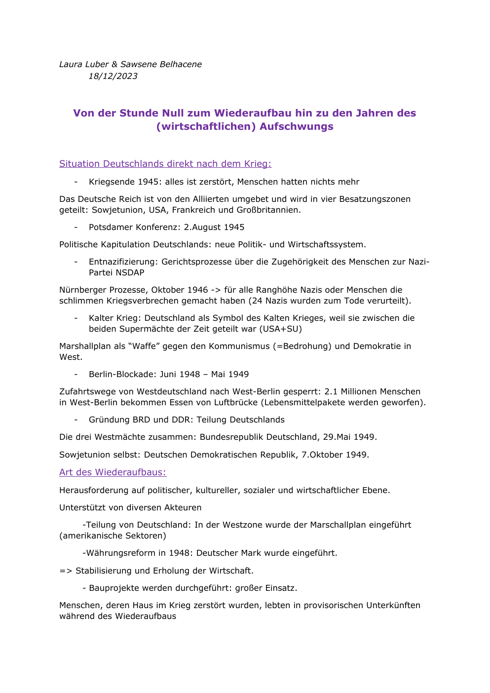 Prévisualisation du document Nachkriegszeit in Deutschland - Von der Stunde Null zum Wiederaufbau hin zu den Jahren des (wirtschaftlichen) Aufschwungs