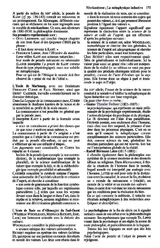 Prévisualisation du document Néo-kantisme; La mitapllyslque lnductin 175
A partir du milieu du XIX' s~le, la peosée de
KANT (cf. pp. 136-143) connaît...