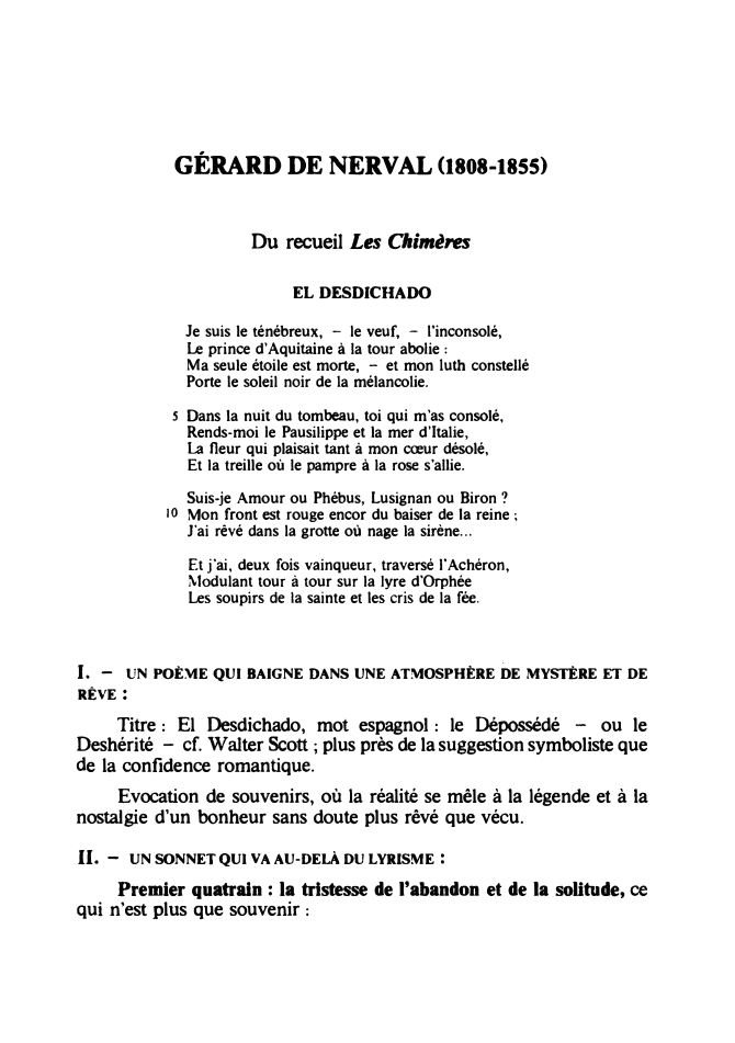 Prévisualisation du document NERVAL EL DESDICHADO FICHE ORAL BAC
