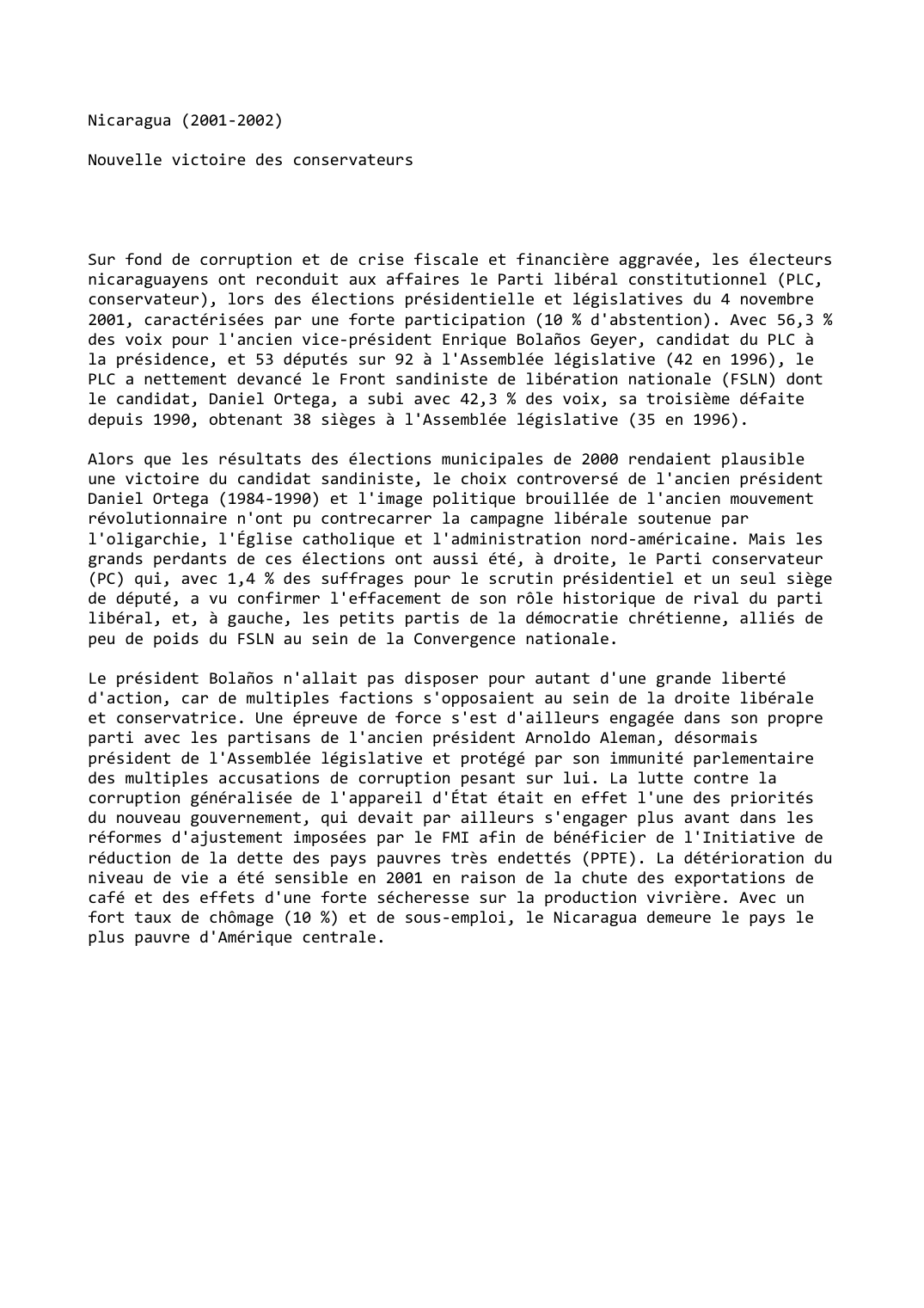 Prévisualisation du document Nicaragua (2001-2002)

Nouvelle victoire des conservateurs