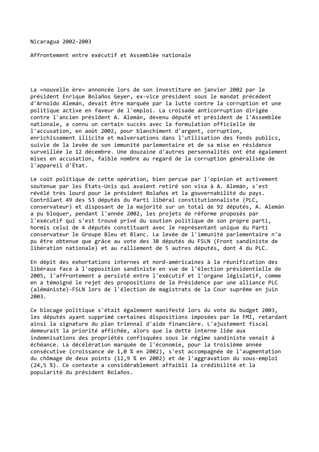 Prévisualisation du document Nicaragua 2002-2003

Affrontement entre exécutif et Assemblée nationale