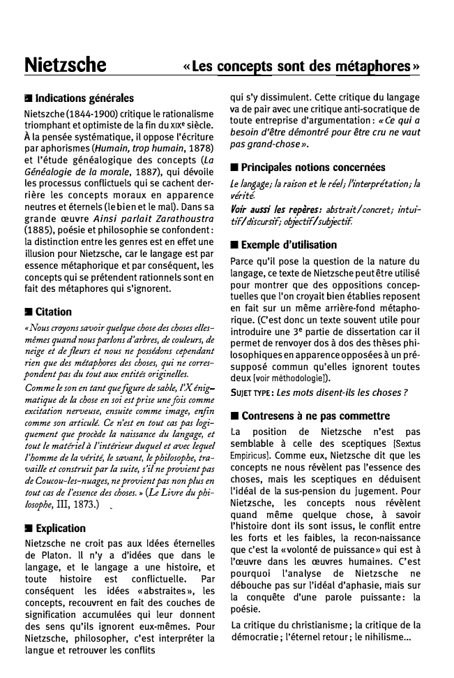 Prévisualisation du document Nietzsche

« Les concepts sont des métaphores »

Ill Indications générales
Nietszche (1844-1900) critique le rationalisme
triomphant et optimiste de...