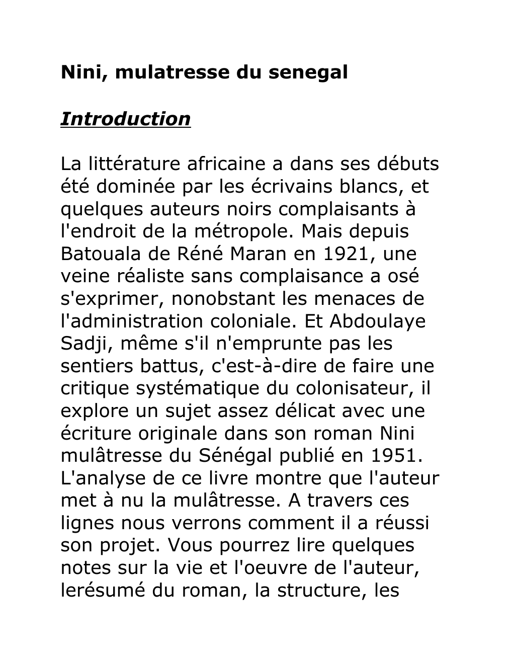 Prévisualisation du document Nini, mulâtresse du Sénégal (fiche de lecture)