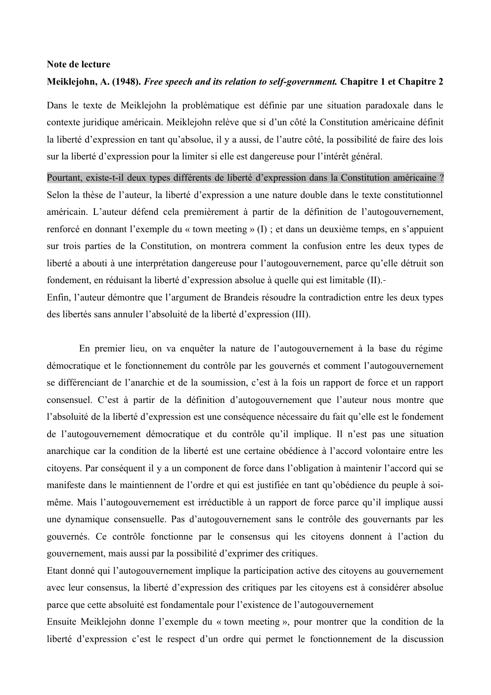 Prévisualisation du document Note de lecture Meiklejohn, A. (1948). Free speech and its relation to self-government. Chapitre 1 et Chapitre 2