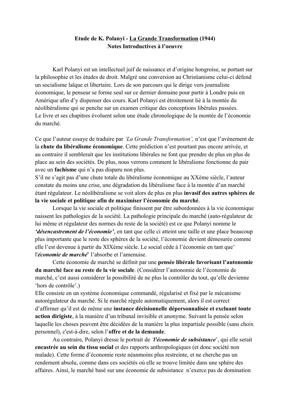 Prévisualisation du document Notes Introductives à l’oeuvre de K. Polanyi, La Grande Transformation