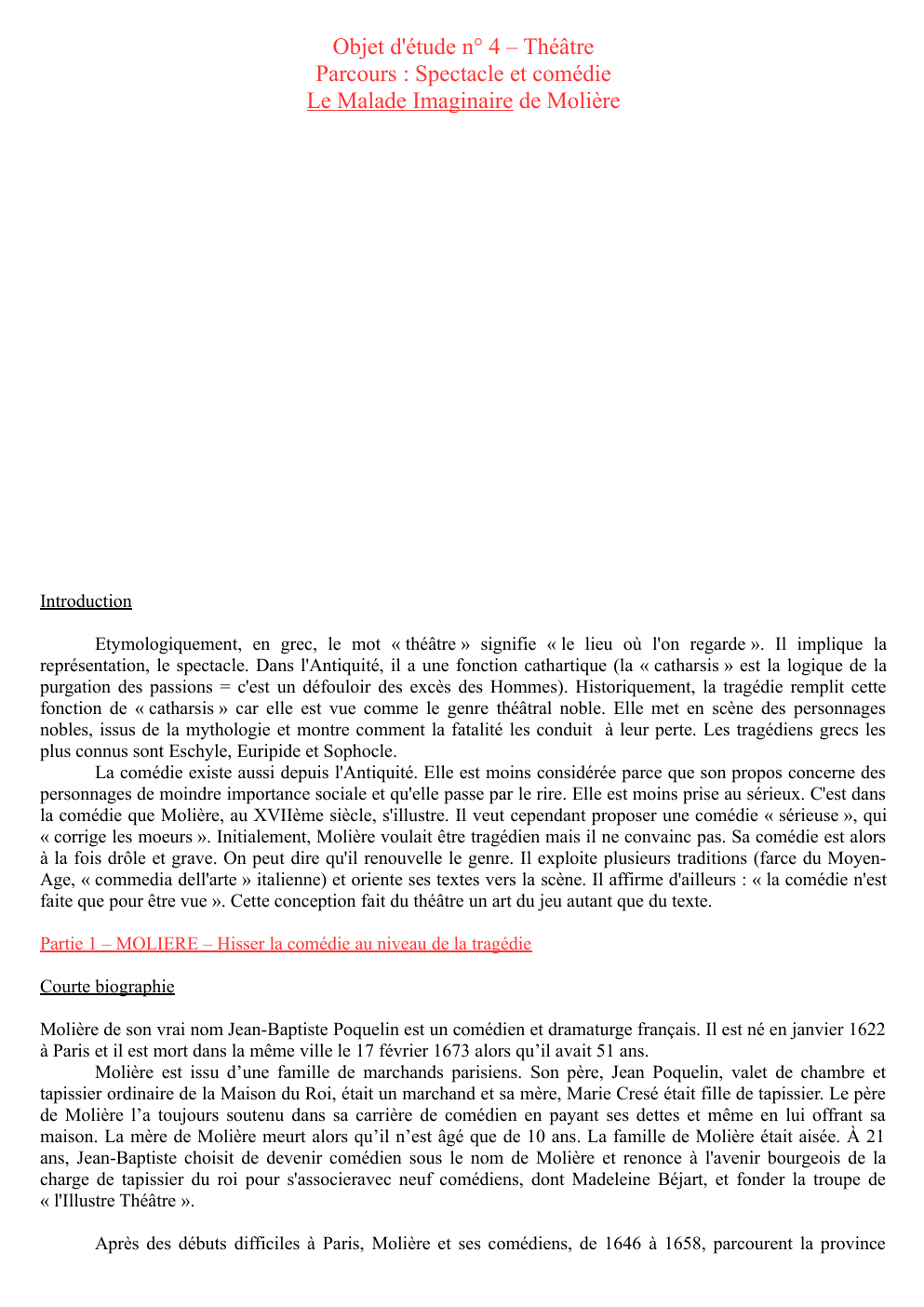 Prévisualisation du document Objet d'étude n° 4 – Théâtre Parcours : Spectacle et comédie Le Malade Imaginaire de Molière