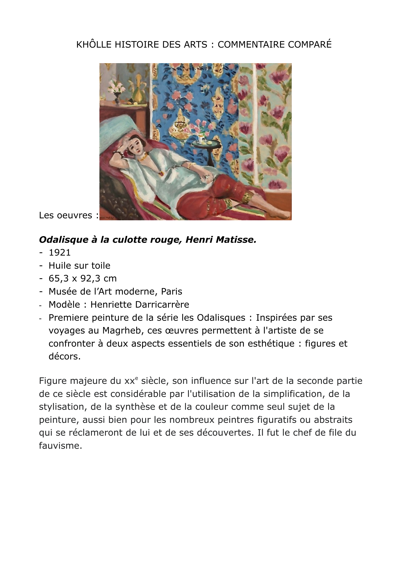 Prévisualisation du document Odalisque à la culotte rouge, Henri Matisse.  Une odalisque, dite la grande odalisque, Jean-Dominique Ingres