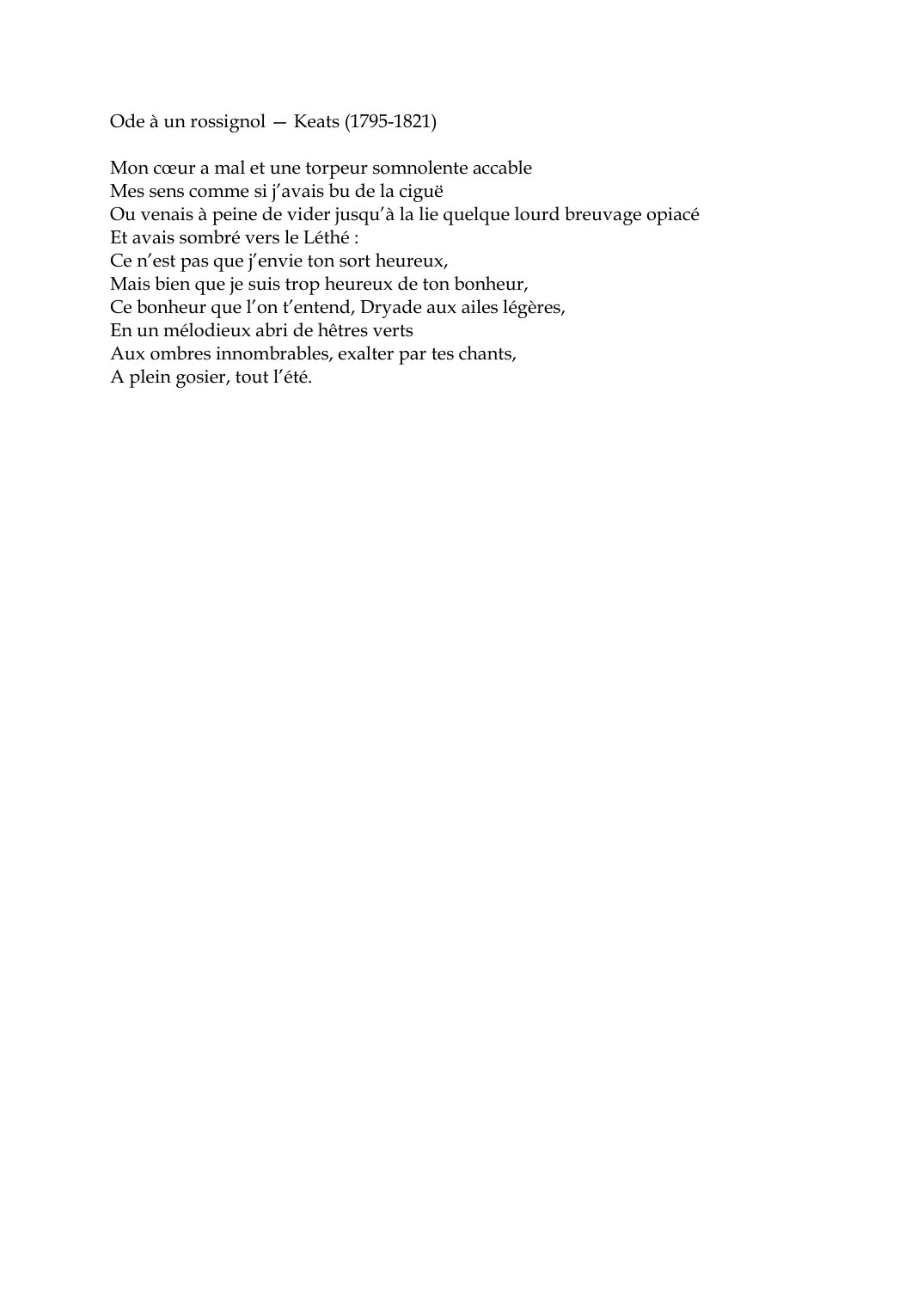 Prévisualisation du document Ode à un rossignol -- Keats (1795-1821)Mon coeur a mal