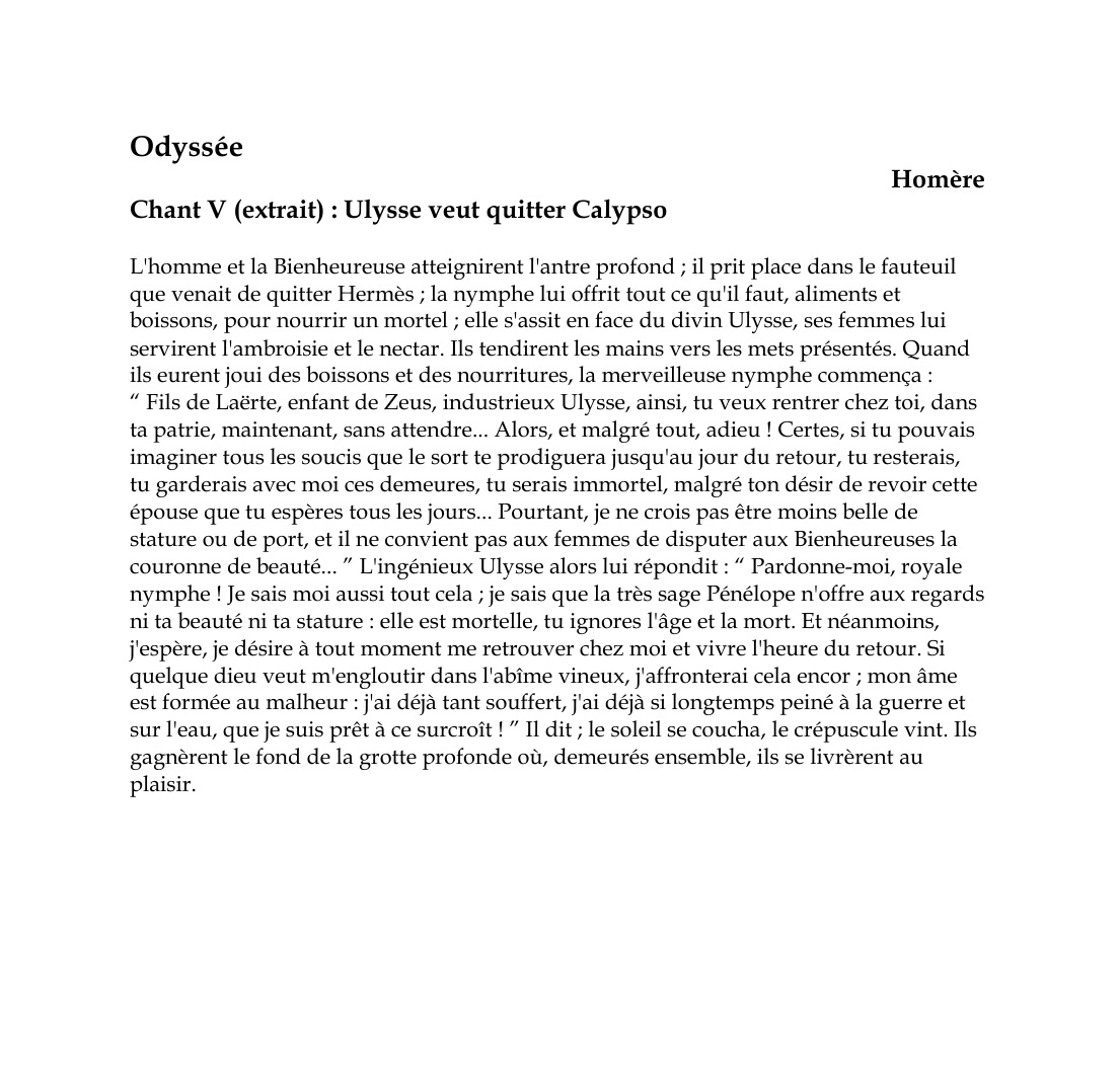 Prévisualisation du document OdysséeHomèreChant V (extrait) : Ulysse veut quitter CalypsoL'homme et la