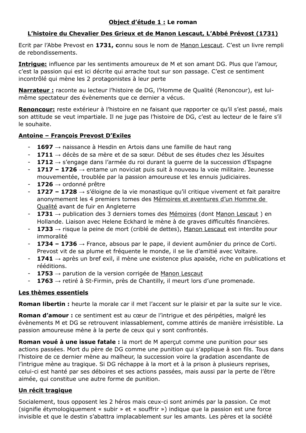 Prévisualisation du document Object d’étude 1 : Le roman L’histoire du Chevalier Des Grieux et de Manon Lescaut, L’Abbé Prévost (1731)