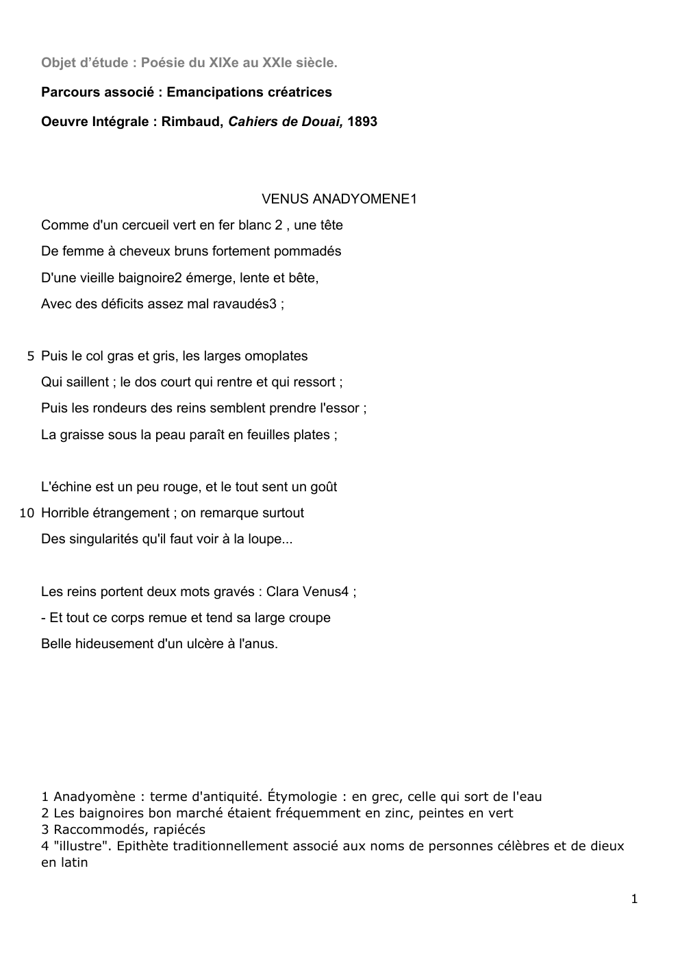 Prévisualisation du document Oeuvre Intégrale : Rimbaud, Cahiers de Douai, 1893  VENUS ANADYOMENE1