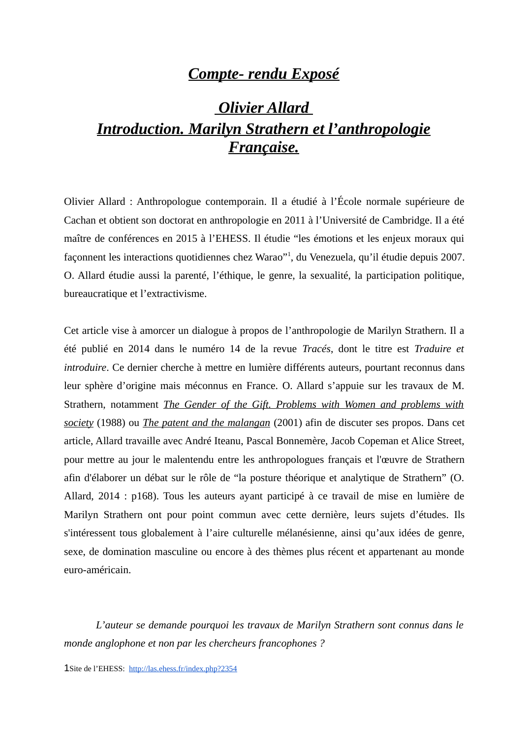 Prévisualisation du document Olivier Allard, Introduction. Marilyn Strathern et l'anthropologie française