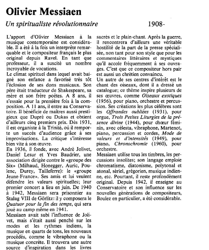Prévisualisation du document Olivier MessiaenUn spiritualiste révolutionnaire.
