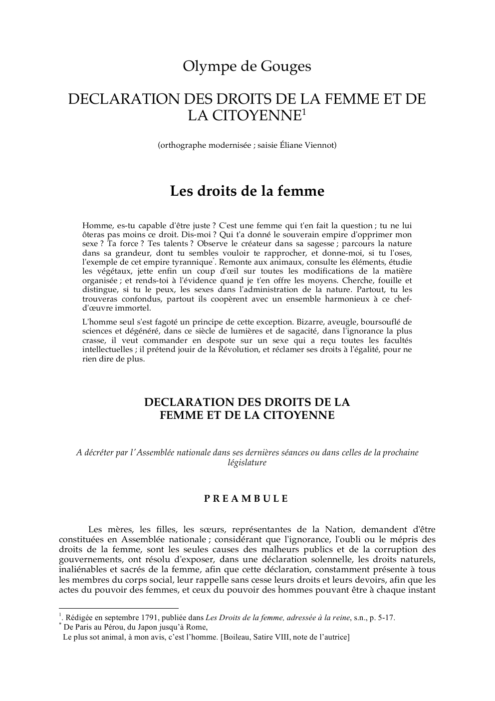 Prévisualisation du document Olympe de Gouges DECLARATION DES DROITS DE LA FEMME ET DE LA CITOYENNE1