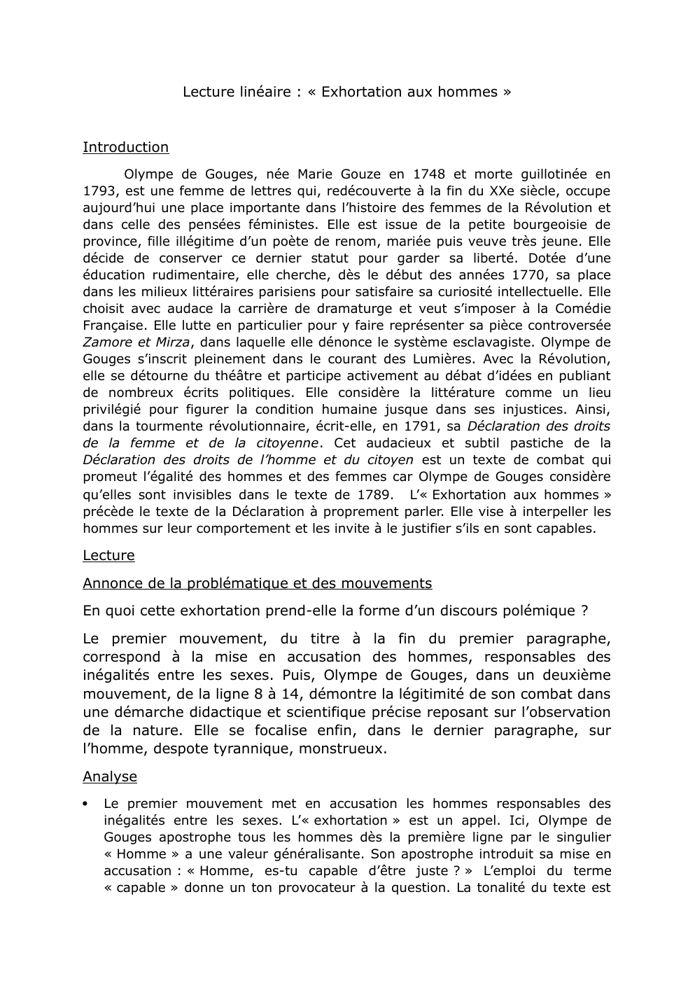 Prévisualisation du document Olympe de Gouges, Exhortation aux hommes, analyse linéaire