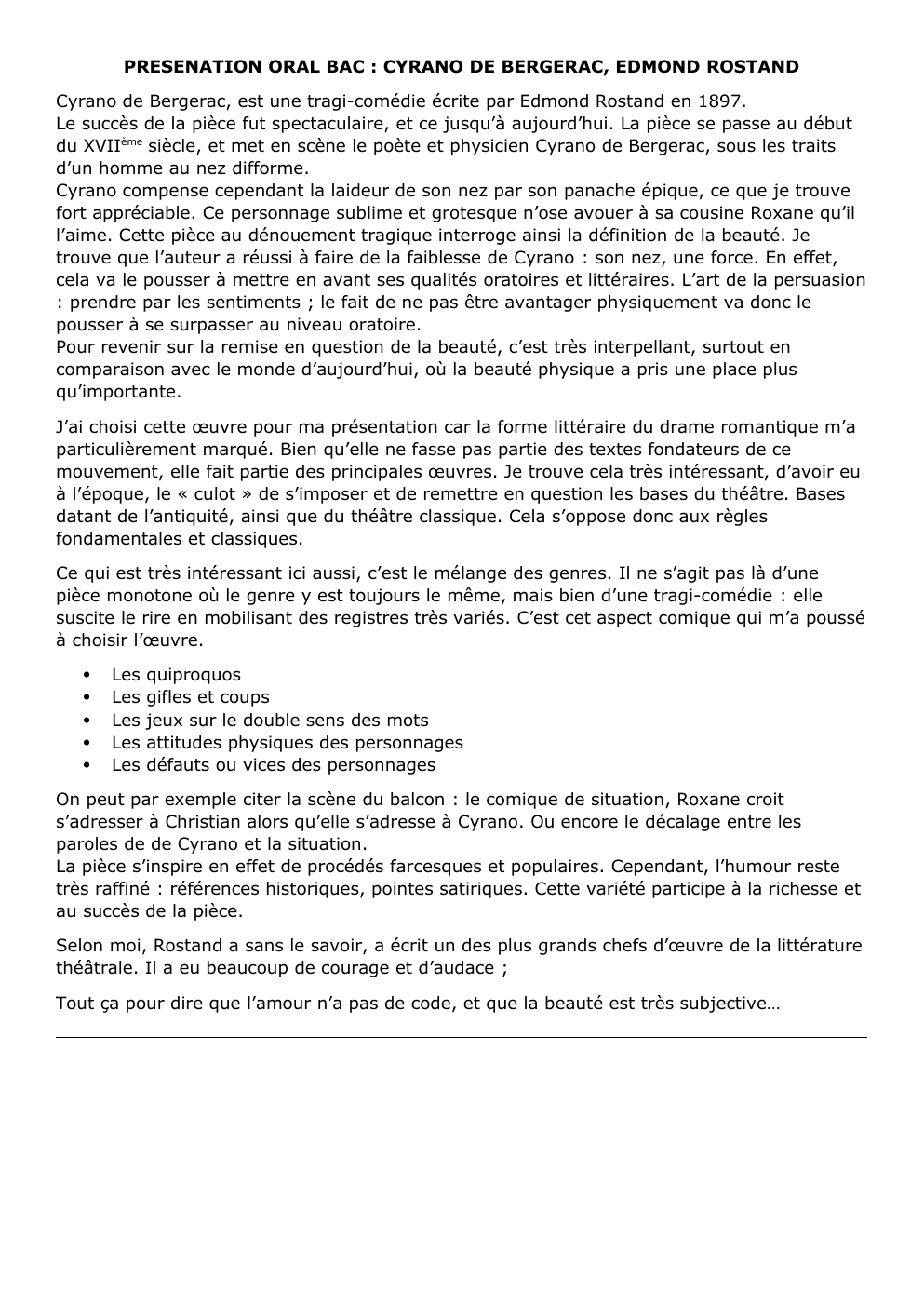 Prévisualisation du document ORAL BAC DE FRANCAIS: PRESENATION ORAL BAC : CYRANO DE BERGERAC, EDMOND ROSTAND